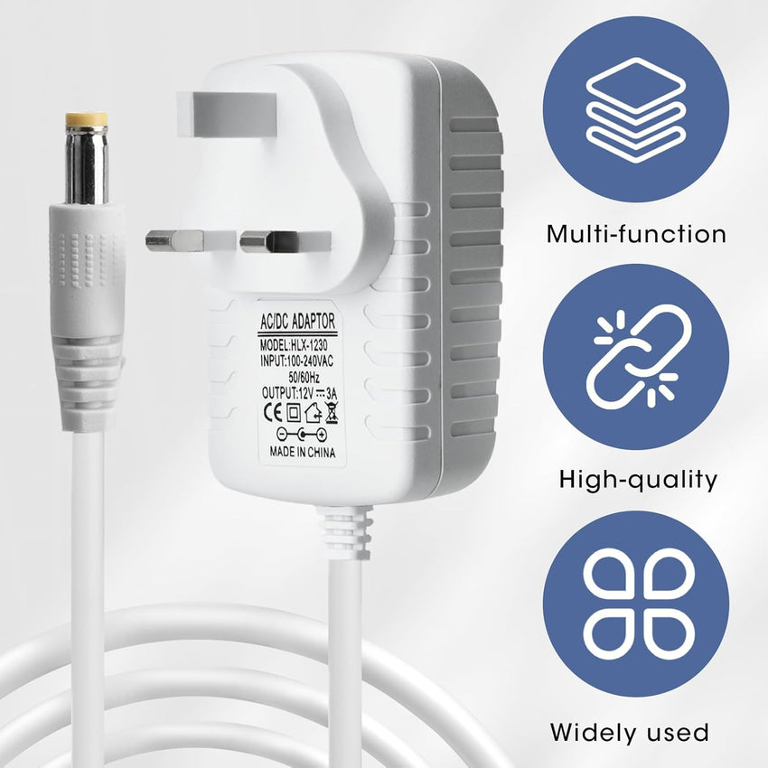 12V 3A 36W Power Supply Cable Adapter, AC 100-240V 50-60HZ DC Port 5.5 * 2.1mm Charger Plug for CCTV Security Camera, LED Strip Lights, LCD Monitor, Audio/Video, Router, Mobile DVD, TV Box (White)