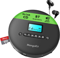 MangoKit CD-X Portable CD Player for Car, Bluetooth Out 5.3, MP3 Playback, Headphones-Personal CD Player with Anti-Skip, Rechargeable Battery-Compact Disc Player for Travel, Home, Language Learning