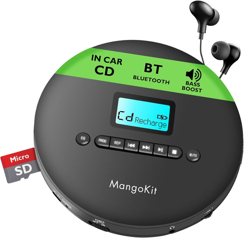 MangoKit CD-X Portable CD Player for Car, Bluetooth Out 5.3, MP3 Playback, Headphones-Personal CD Player with Anti-Skip, Rechargeable Battery-Compact Disc Player for Travel, Home, Language Learning