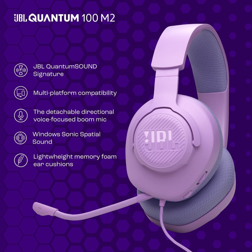 JBL Quantum 100M2 Wired Over-Ear Gaming Headset with JBL QuantumSOUND Signature and 3.5 mm Headphone Jack, Multi-Platform Compatibility, Detachable Mic, Mute Option, White