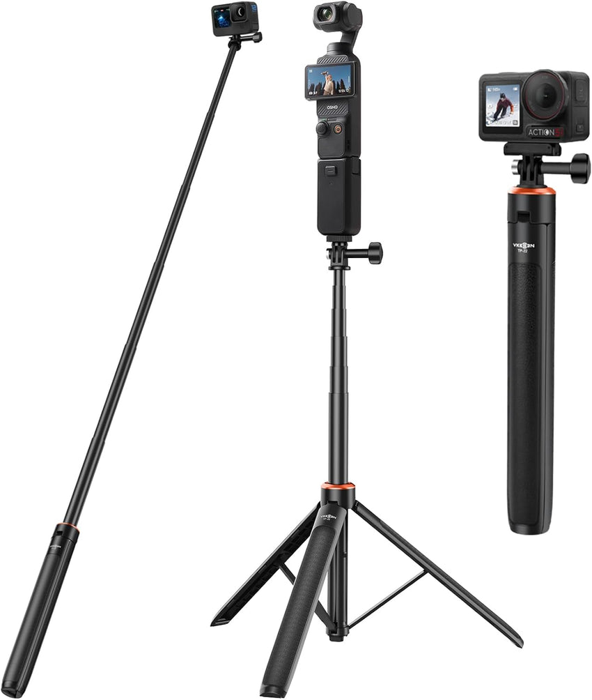 53.5"/136cm Selfie Stick Tripod for DJI Osmo Pocket 3, GoPro Hero 13/12/11/10/9/Max2, DJI Osmo Action 5 Pro/4, AKASO EK7000, Action Camera 2-in-1 Extendable Handle/Travel Vlogging Stand/Accessories
