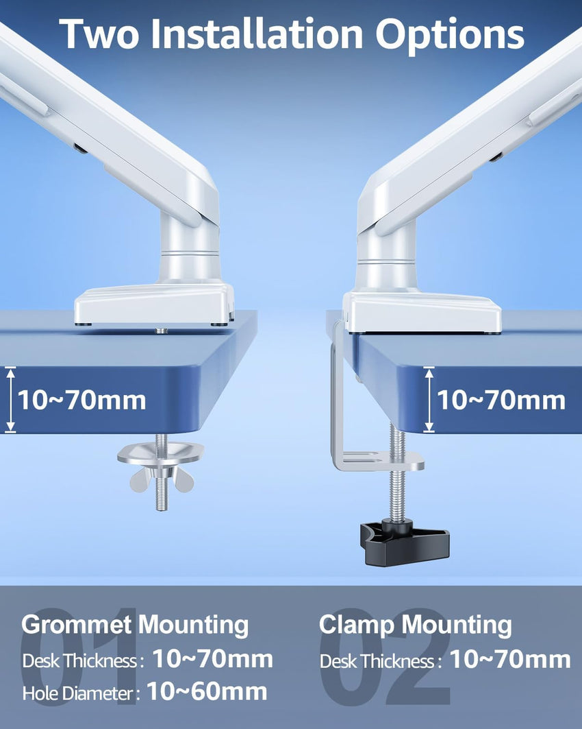 Single Arm Monitor Gas Spring Desk Mount 13â32" Tool-Free Height Adjustable VESA 75/100 C-clamp & Grommet â White
