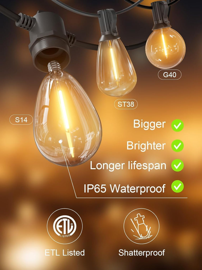 Svater Outdoor String Lights LED 96FT/29m, S14 2Pack 48FT Festoon Lights Mains Powered with 30+2 2W Plastic Bulbs, IP65 Waterproof Garden String Lights for Patio Party Wedding, 2700K Warm White