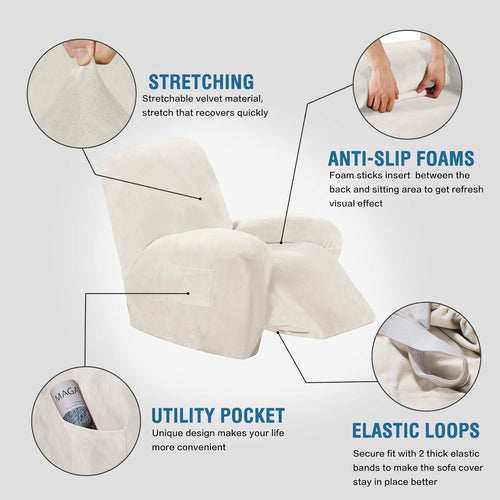 BellaHills Velvet Sofa Slipcover High Spandex Sofa Cover/Lounge Covers/Couch Covers for Recliner Ivory Sofa Protector for Dogs High Stretch Furniture Protector Cover for Recliner(Recliner, Ivory)