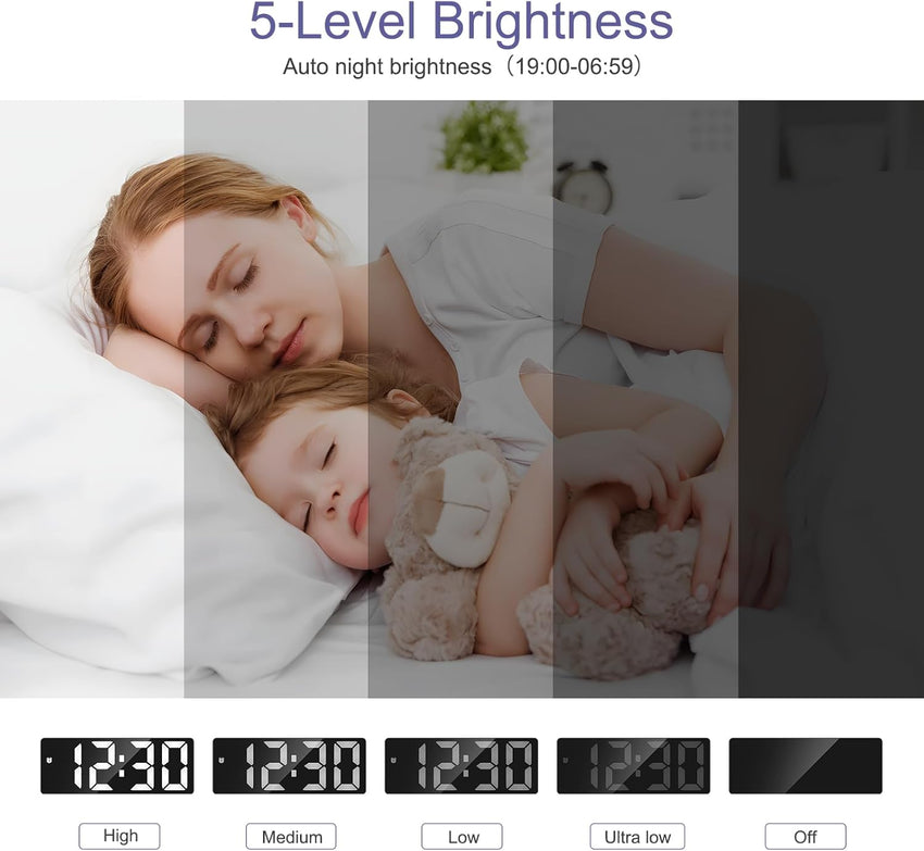 OQIMAX Digital Alarm Clock INCLUDING BATTERIES, 6.5" Large Display Alarm Clocks Bedside, Type-C/Battery Powered Digital Clocks Bedside with Snooze, Date, Alarm Clock with 5 Levels Brightness, DST Function, for Bedroom