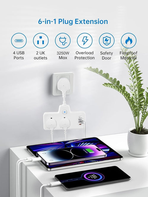 Plug Adapter Wall Socket With Touch Nightlight,2 Way Plug Extension With 2 Type-C+2 USB Ports,Plug Adapter UK Multi Plug Adaptor with Individual Switches,Wall Plug Extender for Home, Office (White)