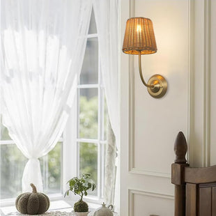 JIMUBEAM 1-Light Modern Wall Light with Imitation Rattan Woven Shade, Rustic Hardwired Boho Wall Sconce Lamp Fixture for Bedside Hallway Living Room Bedroom