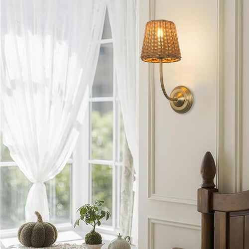JIMUBEAM 1-Light Modern Wall Light with Imitation Rattan Woven Shade, Rustic Hardwired Boho Wall Sconce Lamp Fixture for Bedside Hallway Living Room Bedroom