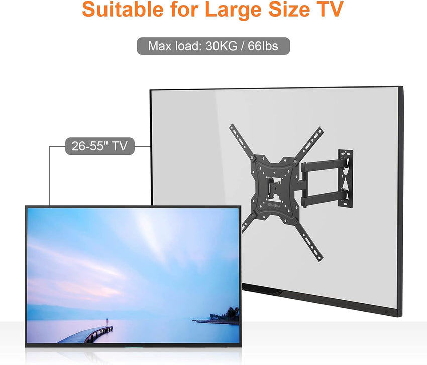 GRIFEMA GB1004 Swivel TV Wall Bracket for 26-55 inch, up to 30KG, Tilt Extendable TV Wall Mount for Flat & Curved Screen, Max Vesa 400X400MM