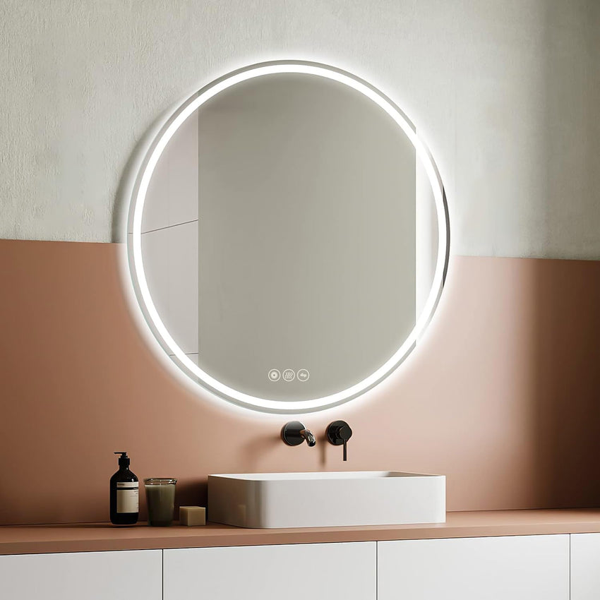 AI-LIGHTING 40cm Round LED Mirror Bathroom Circular Mirror with Lights Illuminated Anti-Fog Backlit Light Up Circle Mirror Touch Switch Color Change Demister IP44 Dimmable