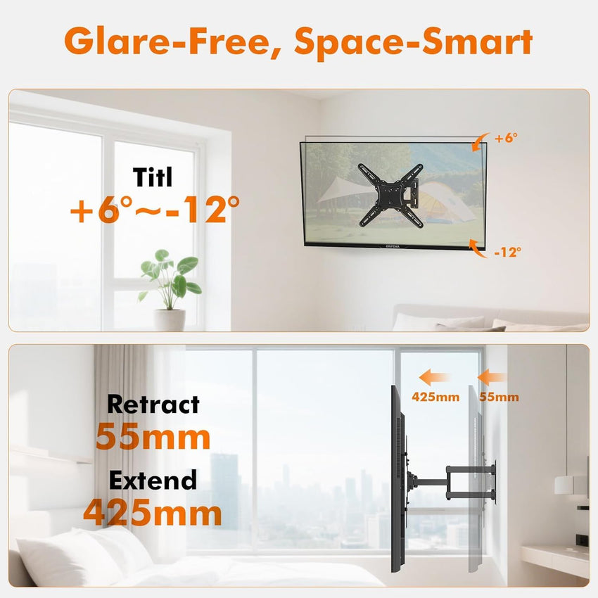 GRIFEMA TV Wall Bracket for 26-65 Inch Flat & Curved Screens - Universal Full Motion TV Wall Mount with Swivel & Tilt, Extendable Arm, Max VESA 400x400mm, Holds up to 35kg, Easy Installation, GB1010