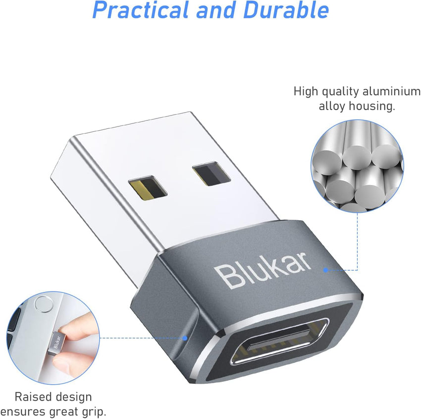 Blukar USB to USB C Adapter (3 Pack), USB C Female to USB-A Male Adaptor, Type C Converter for Fast Charging & Data Sync, Compatible with iPhone 15/14/13/12/11 Pro, iPad Air 6, Galaxy S21 S20