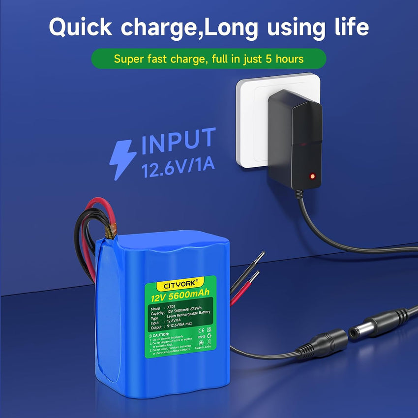 CITYORK 12V DC 5600mAh Rechargeable Lithium Ion Portable Battery Pack for CCTV cameras, camcorders, MP3 players, LED strip lights