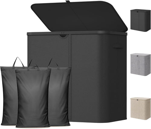 150L Laundry Basket with Lid 3-Section Foldable Dirty Clothes Organiser Black