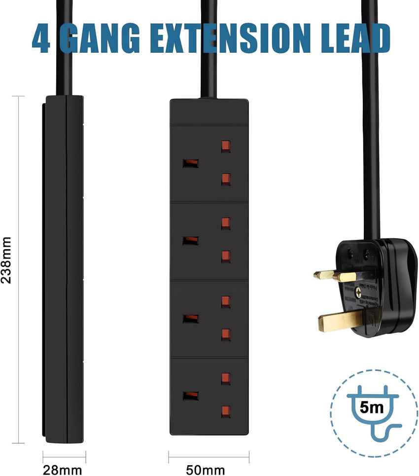 EXTRASTAR 4 Gang Extension Lead Black surge protected, 5M Extension Cable with 13A Fused UK Plug Max 3120W, 4 Plug extension for Home and Office