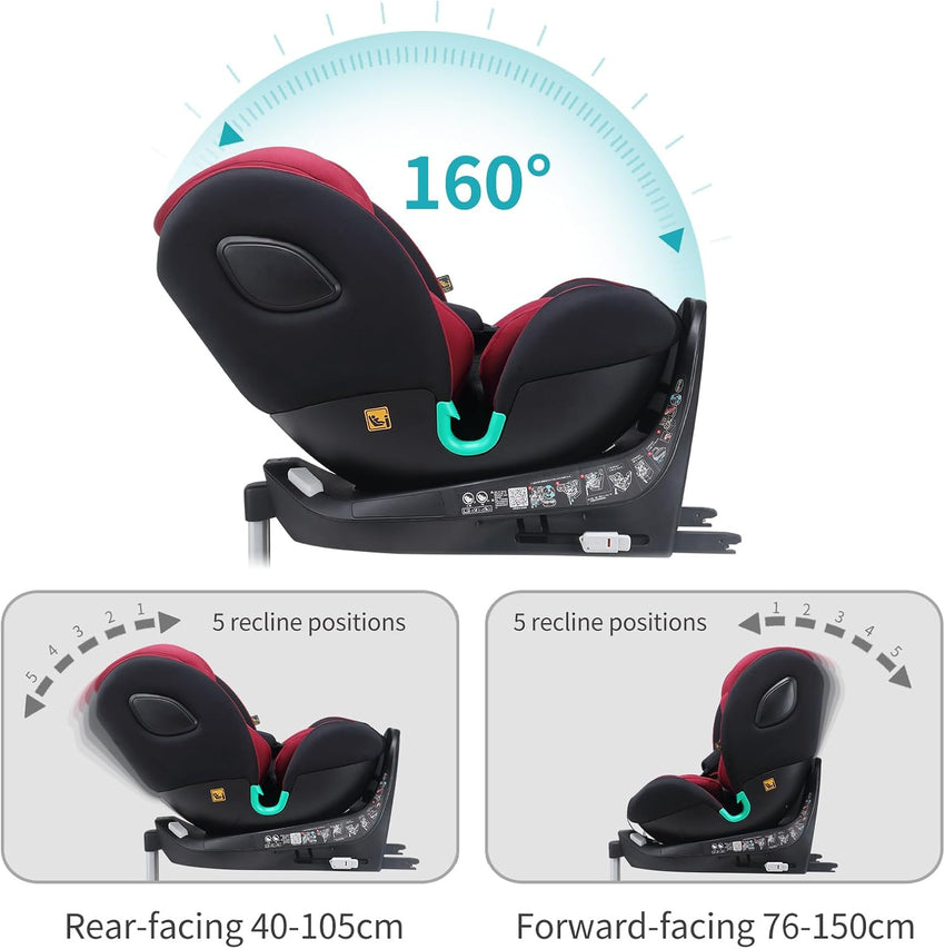 globalkids i-Size 360 Swivel Car Seat, Group 0+123 Car Seat with ISOFIX and Support Leg, ECE R129, 0-36 kg, 0-12years, 40cm-150cm, (Black Grey)