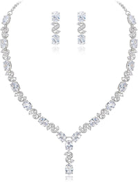 Clearine Women's Wedding Bridal Cubic Zirconia Infinity Y-Shape Tennis Necklace Dangle NO Earrings Clear Silver-Tone