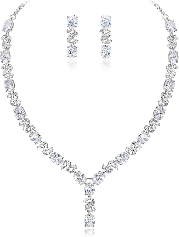 Clearine Women's Wedding Bridal Cubic Zirconia Infinity Y-Shape Tennis Necklace Dangle NO Earrings Clear Silver-Tone