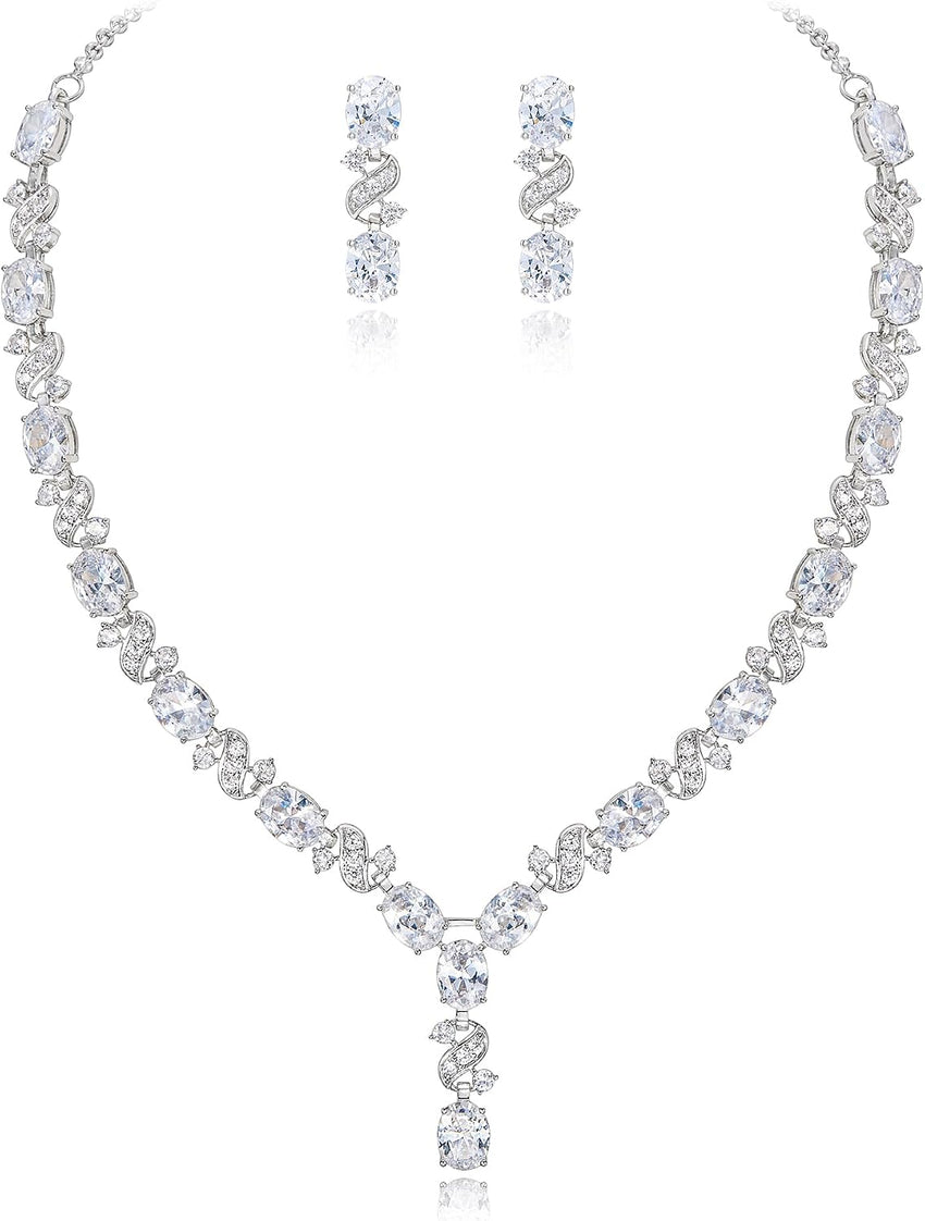 Clearine Women's Wedding Bridal Cubic Zirconia Infinity Y-Shape Tennis Necklace Dangle NO Earrings Clear Silver-Tone