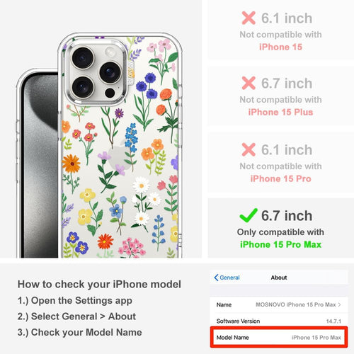 MOSNOVO Case for iPhone 15 Pro Max, [Buffertech 6.6ft Military-Grade Drop Protection] [Anti Peel Off Tech] Clear TPU Bumper Phone Case Cover Design - Botanical Floral