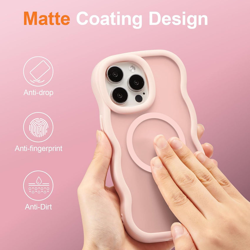 UEEBAI Magnetic for iPhone 15 Pro Case, Compatible with MagSafe, 2025 Transparent Wave Frame Design Case Soft Edge Cover Cute Clear Matte Shockproof Protective Phone Cover, Pink