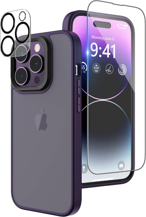 Niunisi Matte Compatible with iPhone 14 Pro Case with Screen Protector, Full Body Shockproof Case with Camera Protector Translucent Matte Protective Slim Phone Case 6.1 inch, Midnight Purple