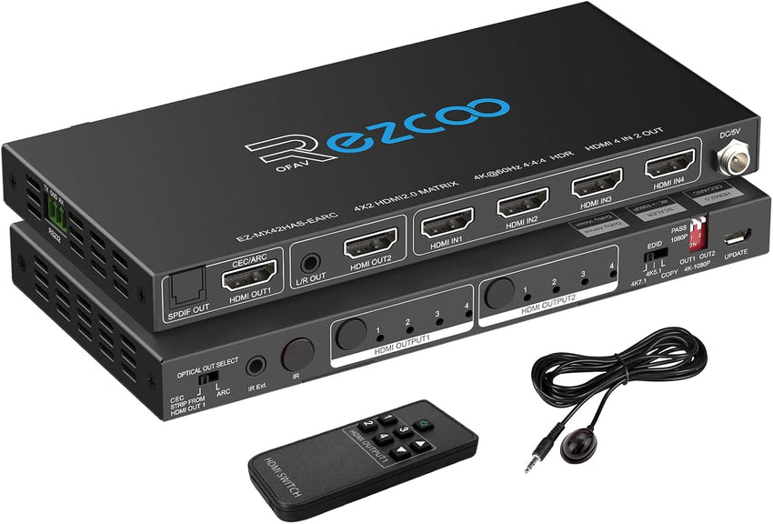 HDMI Matrix 4 in 2 Out 4K 60Hz 4:4:4 ARC HDR D-olby Vision Atmos SPDIF 5.1CH Breakout 3.5mm Stereo HDCP2.2- PC Console 16 EDID HDMI Scaler 4K 1080P Sync, HDCP2.2 HDMI2.0 Matrix 4x2 IR Remote