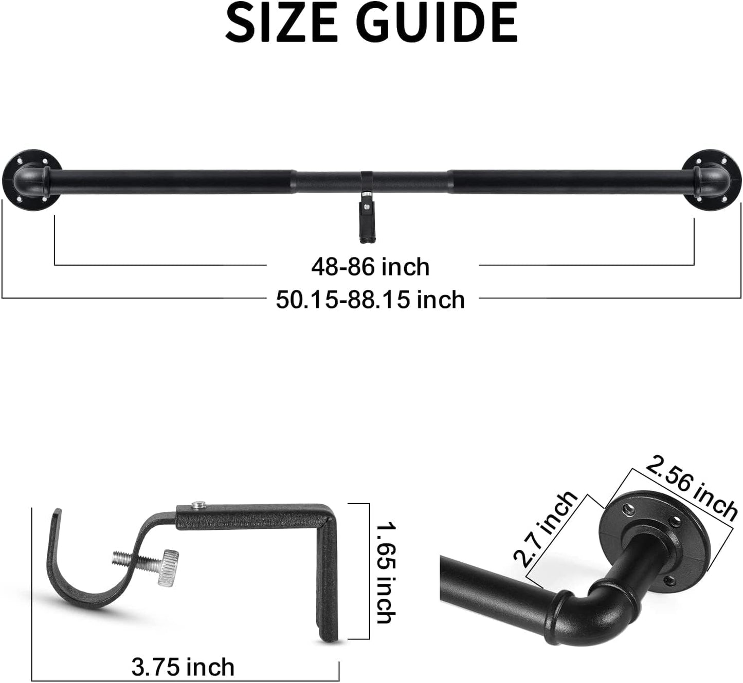 2 Pack Black Curtain Poles Metal, Industrial Curtain Rod for Eyelet Curtains, Industrial Curtain Pole for Windows 122cm-218cm, Room Divider Curtain Pole.