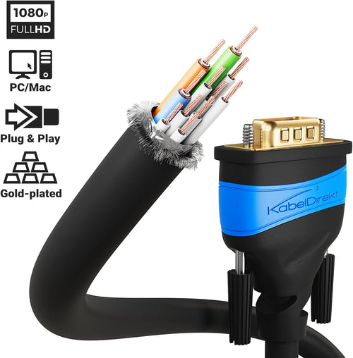 KabelDirekt VGA Cable - 0.5m - for Maximum Video Quality Thanks to High-Purity Copper Conductors (Full HD, monitor cable & VGA lead, Connects Computers to Screens/Projectors, 15-pin D-Sub)