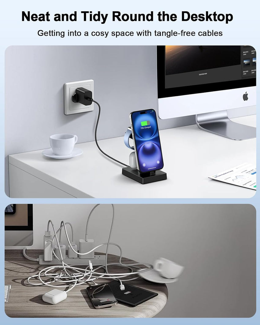 3 in 1 Charging Station - ADADPU iphone and iWatch Charger Stand with 30W USB C Charger Plug, Apple Charging Dock for iphone 16 15 Series, iWatch, Earbuds with USB C Port, Not for Samsung Watch