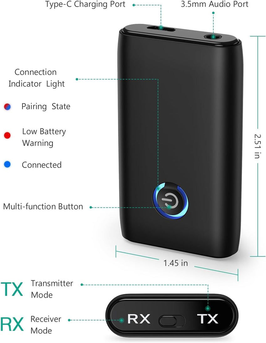 ORIA Bluetooth 5.3 Transmitter Receiver, Bluetooth Audio Adapter 3.5mm Jack for TV to Compatible Wireless Headphones, Low Latency, CVC Noise Reduction for PC, Speakers, Home Stereo