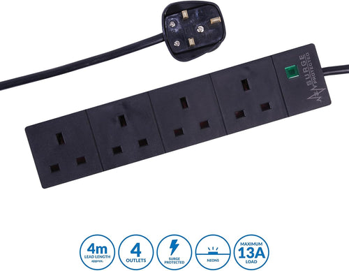 Pro Elec 4 Gang Surge Protected Mains Extension Lead, Black, 4m