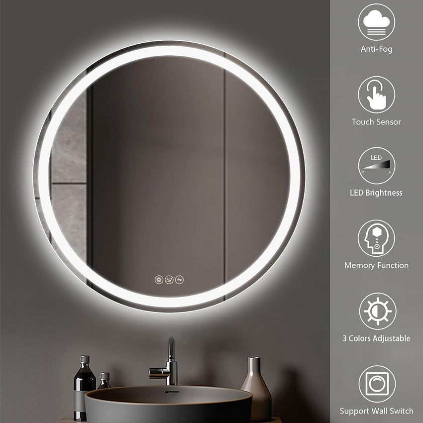 AI-LIGHTING 40cm Round LED Mirror Bathroom Circular Mirror with Lights Illuminated Anti-Fog Backlit Light Up Circle Mirror Touch Switch Color Change Demister IP44 Dimmable