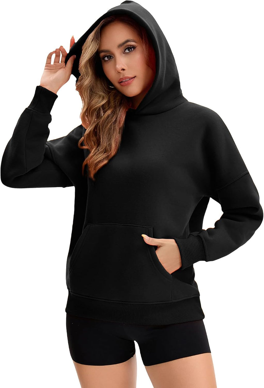 Women's Oversized Thermal Fleece Hoodie Pullover with Pockets Black XL