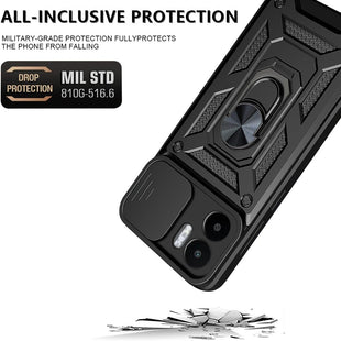 UPLAI Armor Case for Xiaomi Redmi A1/Xiaomi Redmi A2, Ultra Thin Shockproof Silicone Cover with Slide Camera Cover and Magnetic Ring Kickstand, PC + TPU Durable Cover.Black