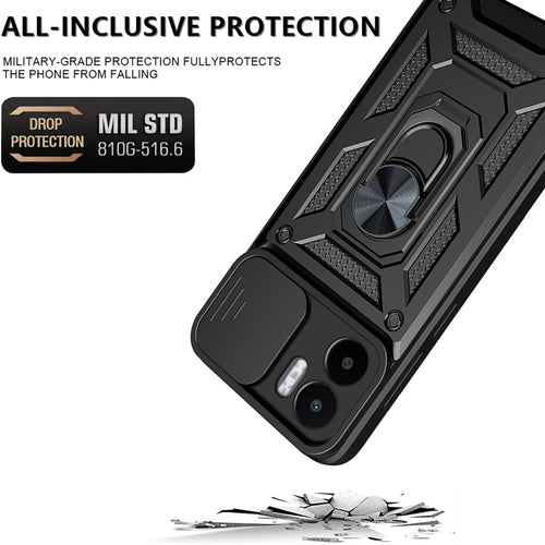UPLAI Armor Case for Xiaomi Redmi A1/Xiaomi Redmi A2, Ultra Thin Shockproof Silicone Cover with Slide Camera Cover and Magnetic Ring Kickstand, PC + TPU Durable Cover.Black