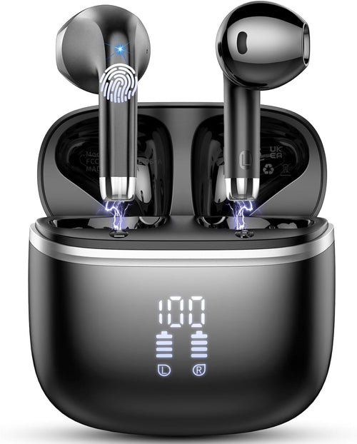 Wireless Earbuds, Bluetooth 5.3 Headphones with 4 ENC Noise Cancelling Mic, HiFi Stereo Deep Bass, 40H Playtime, IP7 Waterproof Bluetooth Earphones, Bluetooth Earbuds Dual LED Display, USB-C, Black