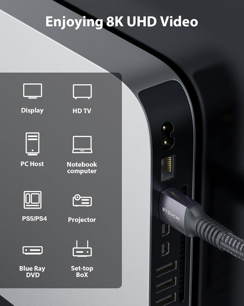 Stouchi HDMI Cable 8K 2.5m(8ft), Ultra HD 48 Gbp/s High Speed 8K60hz 4K120hz 144Hz 165 Hz RTX 3080 DSC eARC Dynamic HDR10 4: 4: 4 HDCP 2.2 & 2.3 Dolby, Compatible with TV / PS5 / Xbox Series X