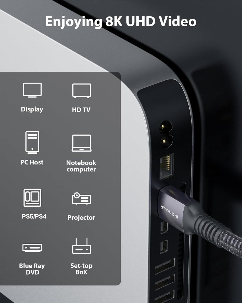 Stouchi HDMI Cable 8K 2.5m(8ft), Ultra HD 48 Gbp/s High Speed 8K60hz 4K120hz 144Hz 165 Hz RTX 3080 DSC eARC Dynamic HDR10 4: 4: 4 HDCP 2.2 & 2.3 Dolby, Compatible with TV / PS5 / Xbox Series X
