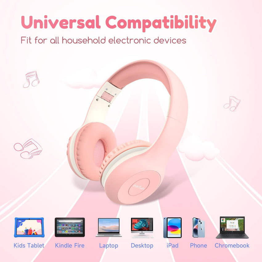 EarFun K2 Kids Bluetooth Headphones for School, Kids Headphones with Mic | Volume Limited, 40H Playtime, Built-in Mic, Stereo Sound, Foldable Over-Ear Headphone for Kids/Toddler/Travel/Tablet, Pink