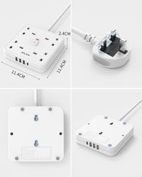 4M 4 Way Extension lead with USB Slots (3 USB-A, 1 USB-C), Mscien Extension Lead with Switches, White Wall Mountable Plug Extension Cord, Dorm, Home, Office