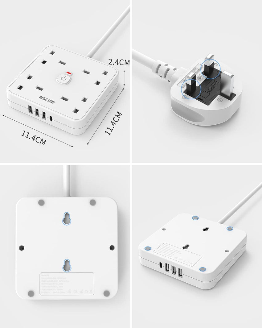 4M 4 Way Extension lead with USB Slots (3 USB-A, 1 USB-C), Mscien Extension Lead with Switches, White Wall Mountable Plug Extension Cord, Dorm, Home, Office