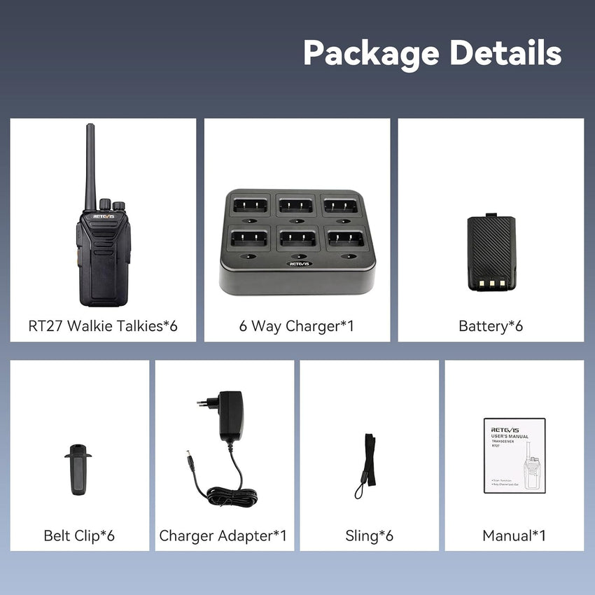 Retevis RT27 Walkie Talkies, Walkie Talkies for Adults Long Range, with 6 Way Charger, Rechargeable 2 Way Radio Hand Free, PMR446 License Free Radio Communication for School Security (6 Pack, Black)