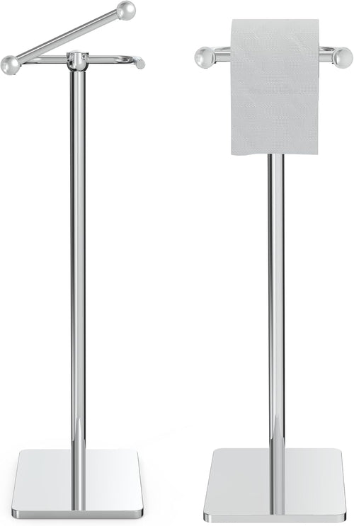 WZRUA Toilet Roll Holder Free Standing, Chrome SUS304 Stainless Steel Toilet Roll Holder Stand, Double Pivoting Post Freestanding Toilet Roll Holder Rust-Proof