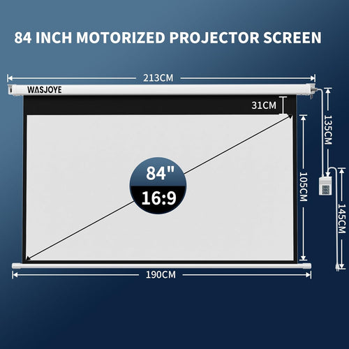 WASJOYE 84"Motorized Projector Screen Electric Diagonal Automatic Projection 16:9 8K HD Movies Screen for Home Theater Cinema Office Video Game Indoor W/Remote Control and Wall/Ceiling Mount