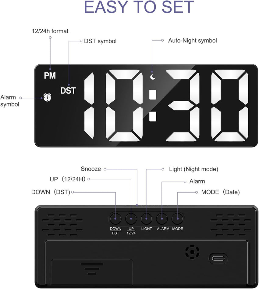 OQIMAX Digital Alarm Clock INCLUDING BATTERIES, 6.5" Large Display Alarm Clocks Bedside, Type-C/Battery Powered Digital Clocks Bedside with Snooze, Date, Alarm Clock with 5 Levels Brightness, DST Function, for Bedroom