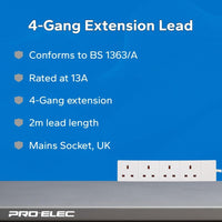 PRO ELEC PELB1517 4 Gang Extension Lead 2m, White