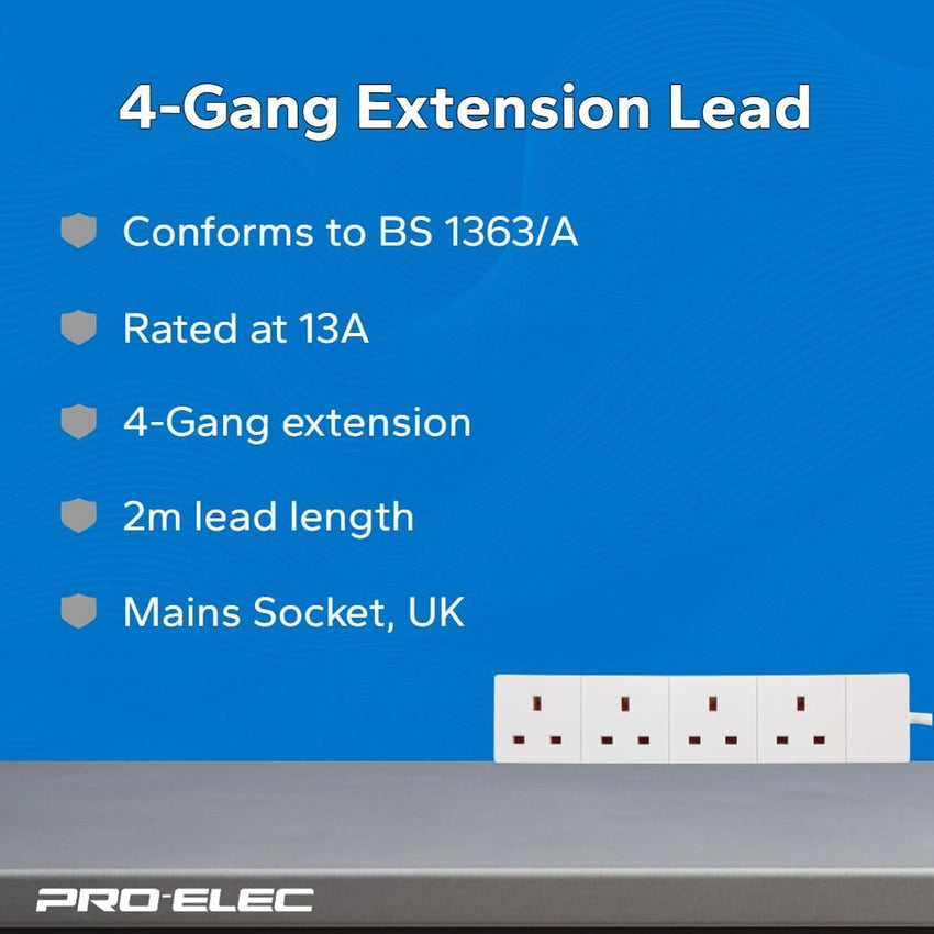 PRO ELEC PELB1517 4 Gang Extension Lead 2m, White