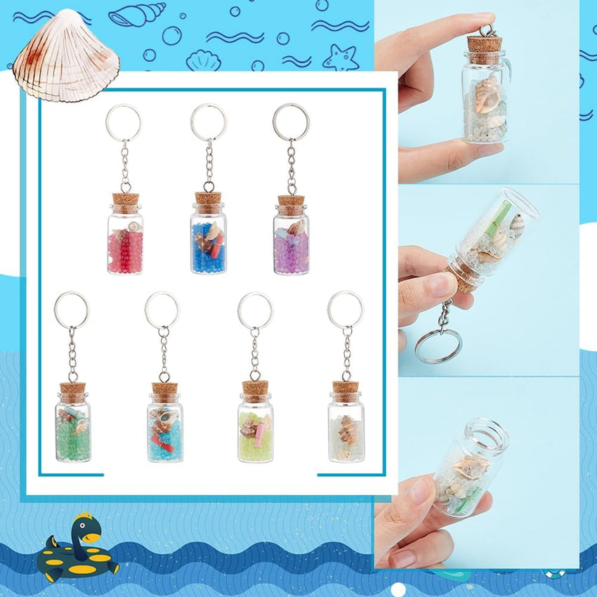 PH PandaHall 7pcs Luminous Glass Keychain, Mini Corked Bottles with Luminous Beads, Backpack Bag Hanging Wedding Party Favors