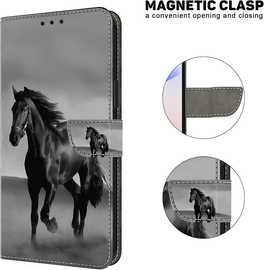 KEDBBAO Case for Samsung Galaxy A25 5G Case with Pattern, Credit Card Holder Magnet Wallet Protective PU Leather Case for Samsung A25 Phone Case, Black Horse